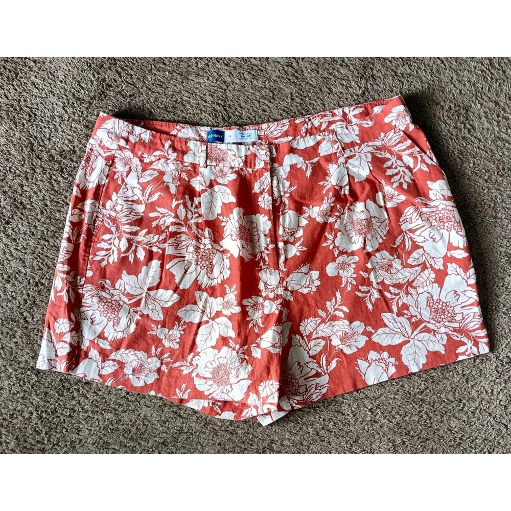 Old Navy Linen Shorts Women's Size 2X High-Waisted Red Floral Print Adjustable